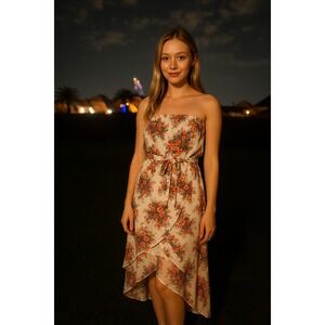 Poetry‎ White Floral Strapless Dress Midi Hi-Lo Ruffle Hem Boho Summer